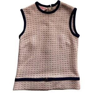 Vintage Betty Barclay Wool Shell Top Beige Navy Blue Pointelle Sleeveless Size 9